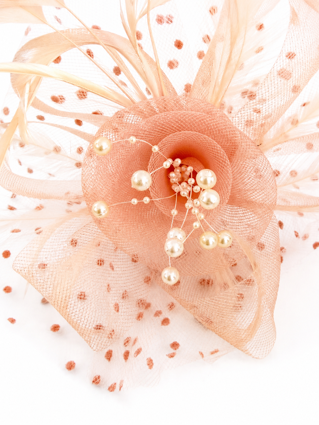 Peach Fascinator Headband with Pearls & Feathers