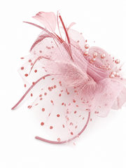 Elegant Light Pink Fascinator Headband with Pearls & Feathers