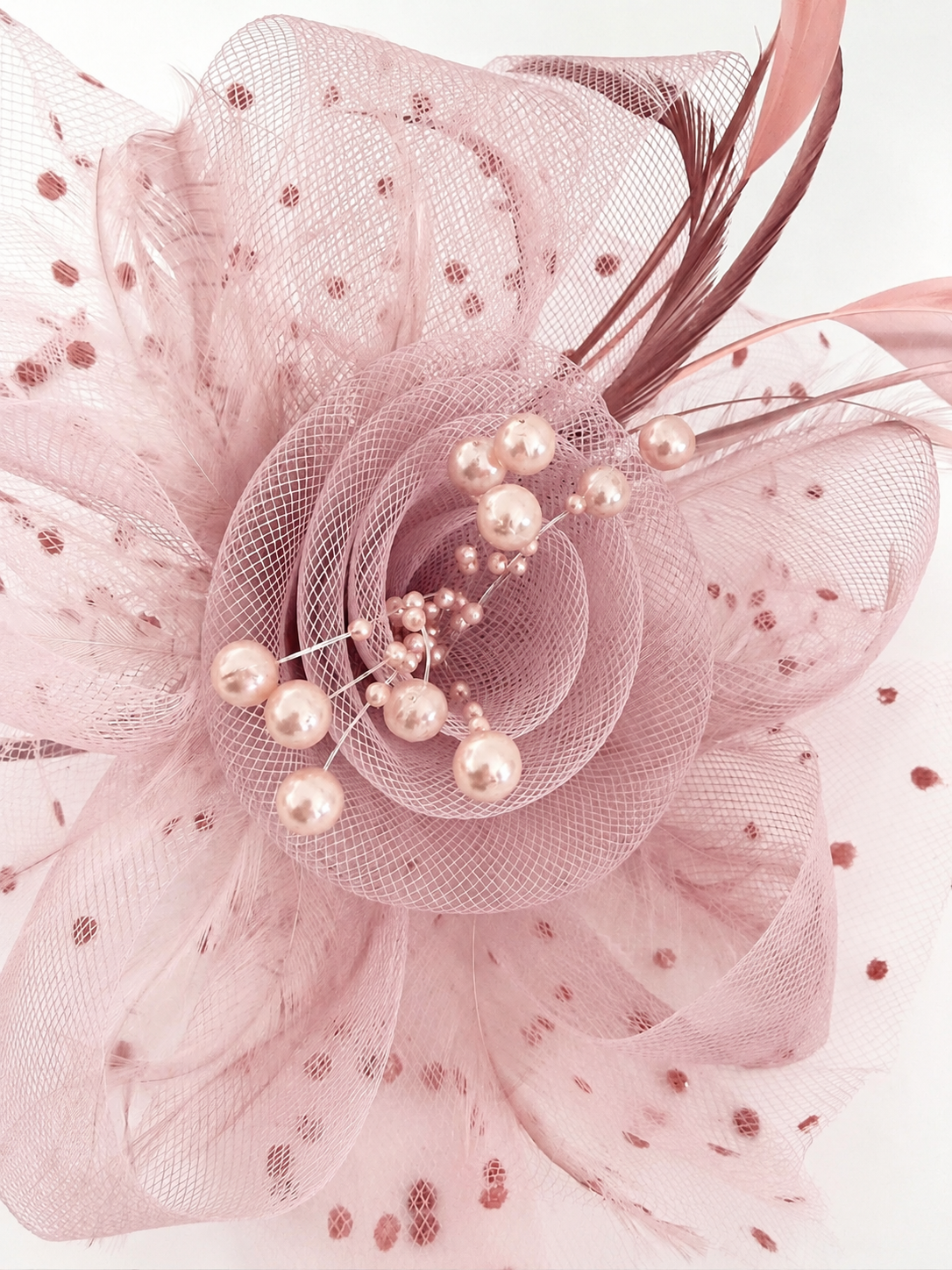 Elegant Light Pink Fascinator Headband with Pearls & Feathers