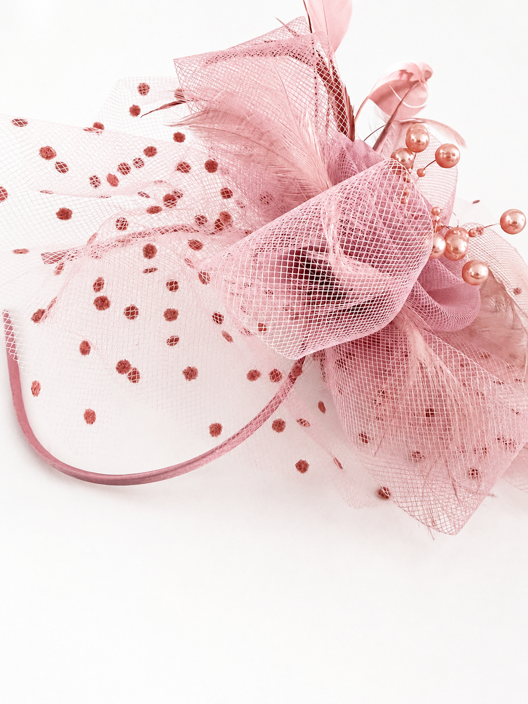 Elegant Light Pink Fascinator Headband with Pearls & Feathers