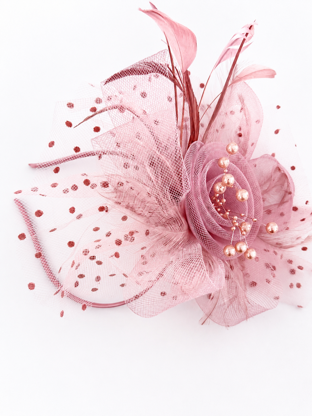 Elegant Light Pink Fascinator Headband with Pearls & Feathers