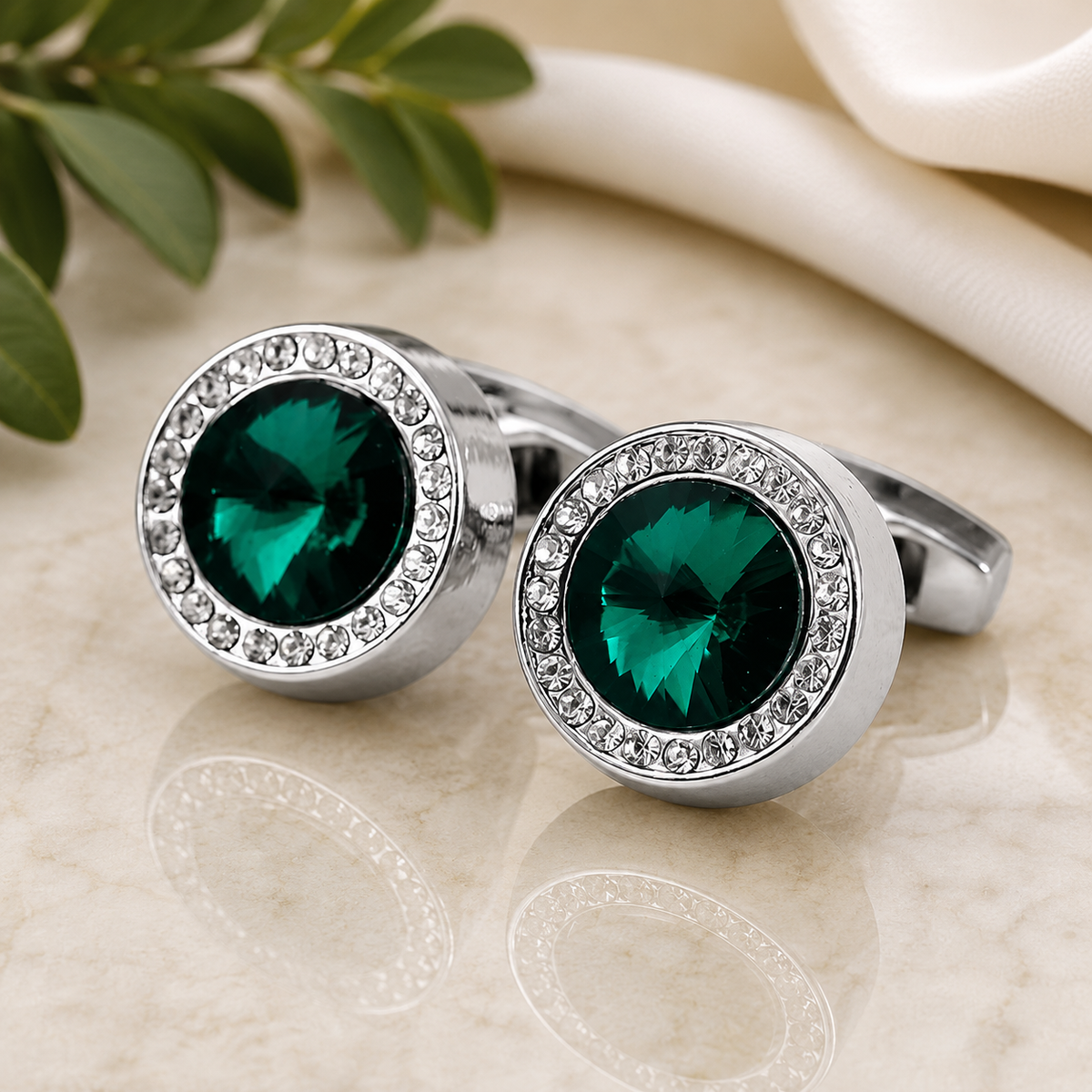 Luxury Silver Emerald Green Crystal Cufflinks