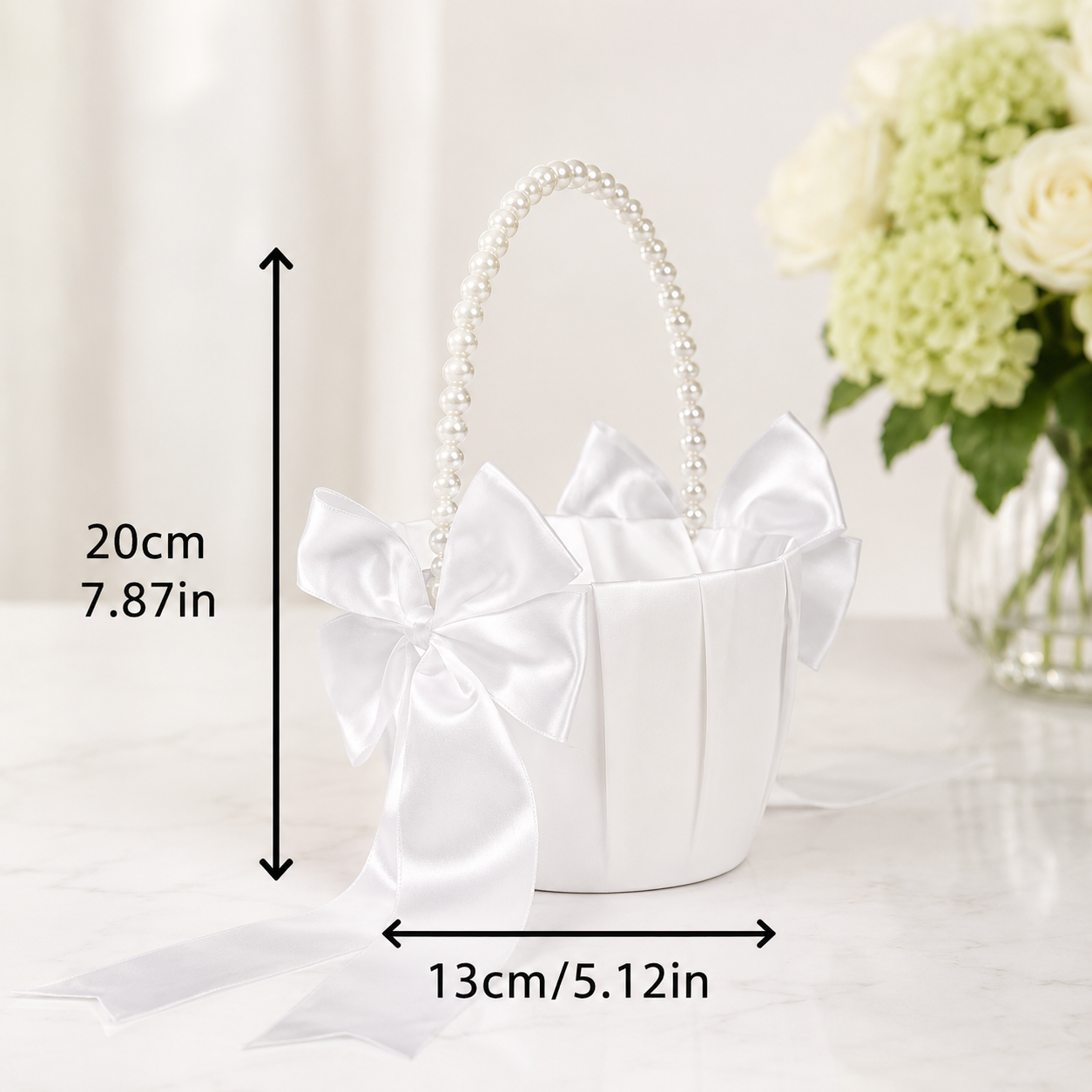 2PCS White Satin Flower Girl Basket Set with Pearl Handle & Elegant Bow