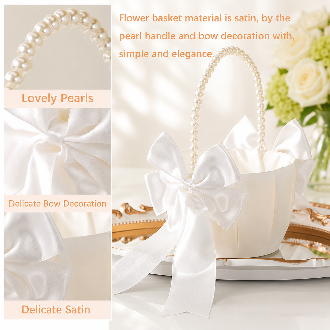 2PCS White Satin Flower Girl Basket Set with Pearl Handle & Elegant Bow