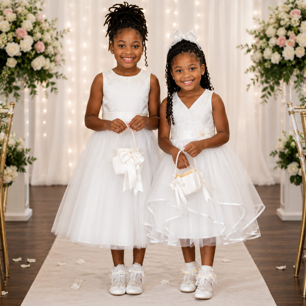 2PCS White Satin Flower Girl Basket Set with Pearl Handle & Elegant Bow