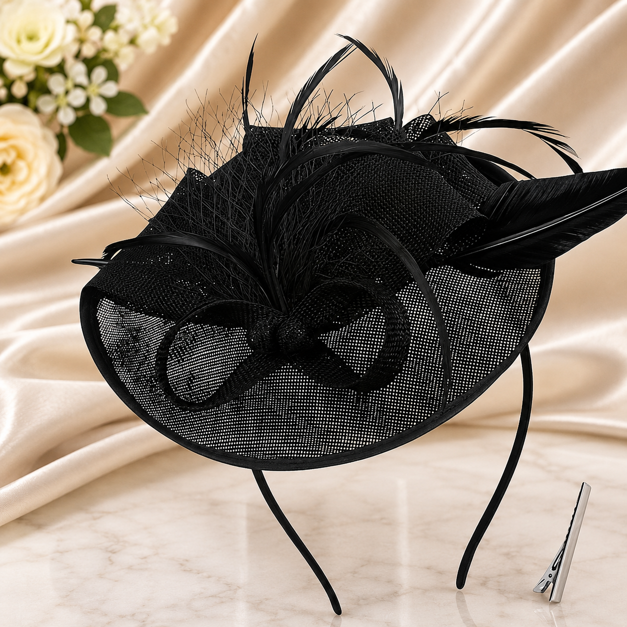 Luxury Black Feather Fascinator Hat for Women