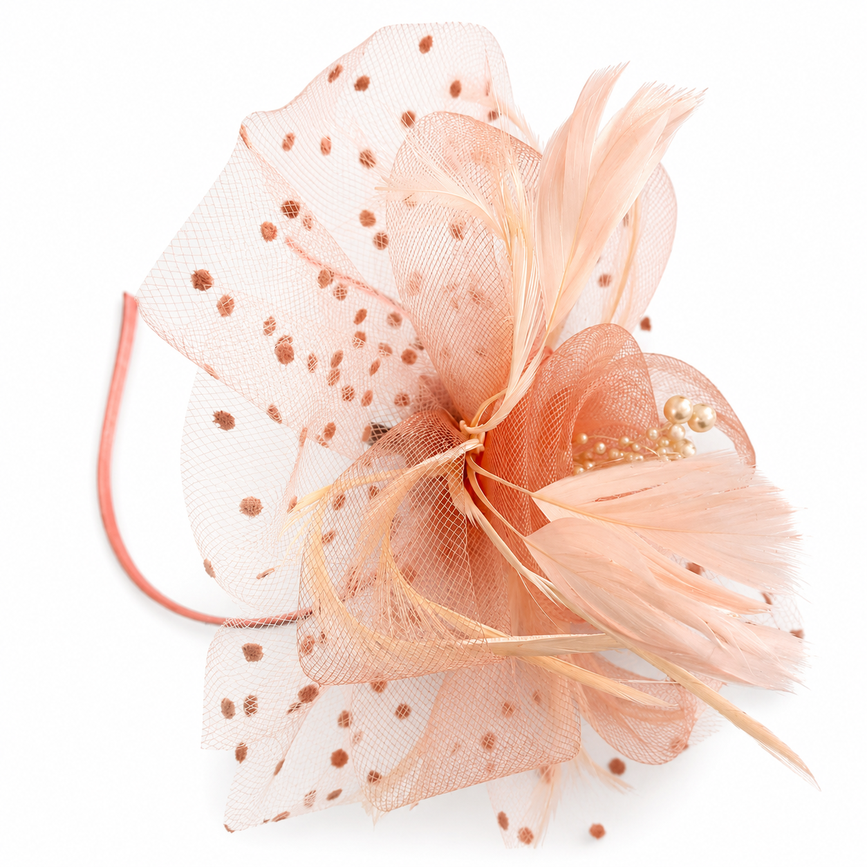 Peach Fascinator Headband with Pearls & Feathers