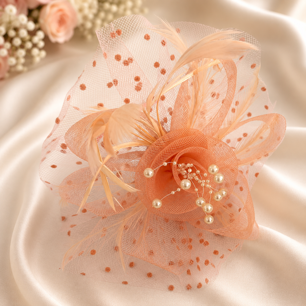Peach Fascinator Headband with Pearls & Feathers
