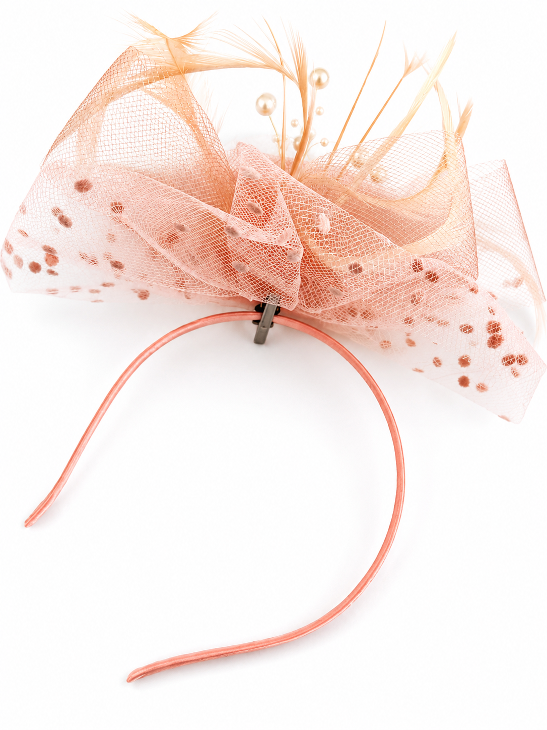 Peach Fascinator Headband with Pearls & Feathers
