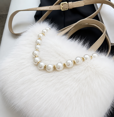 Luxury White Faux Fur Handbag with Pearl Chain