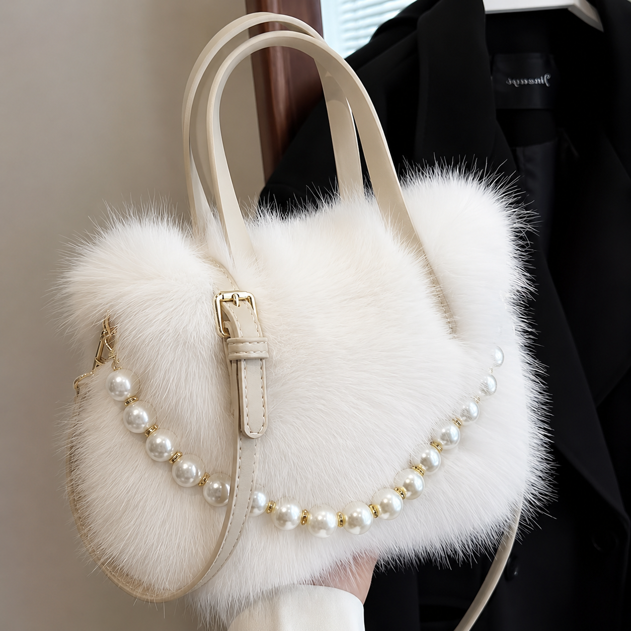 Luxury White Faux Fur Handbag with Pearl Chain