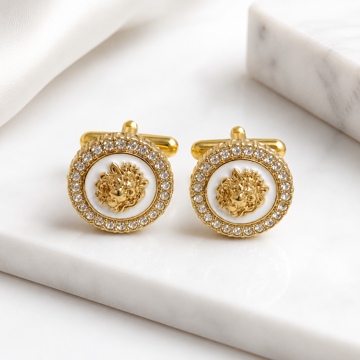 Gold Lion Head Crystal Cufflinks