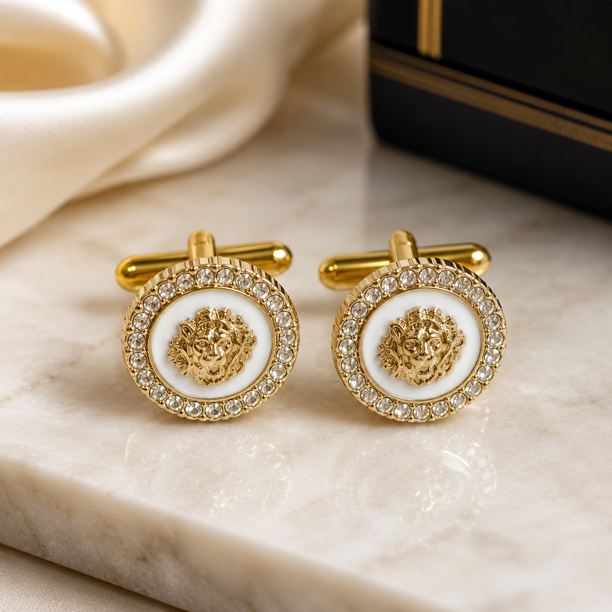 Gold Lion Head Crystal Cufflinks