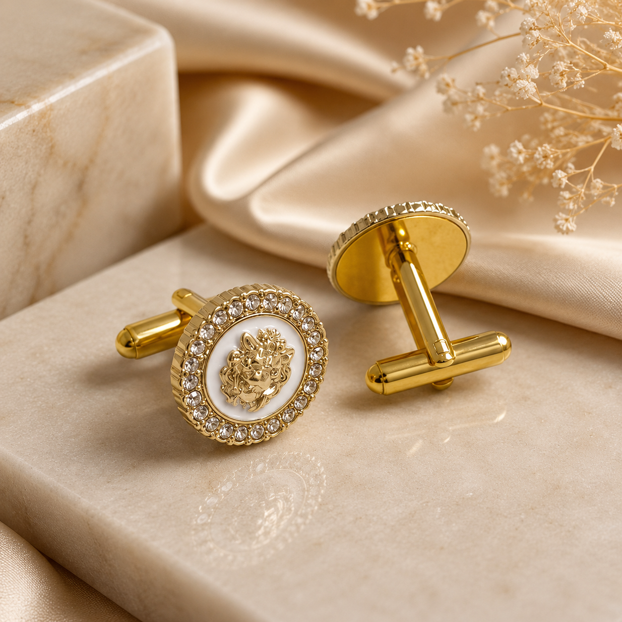 Gold Lion Head Crystal Cufflinks