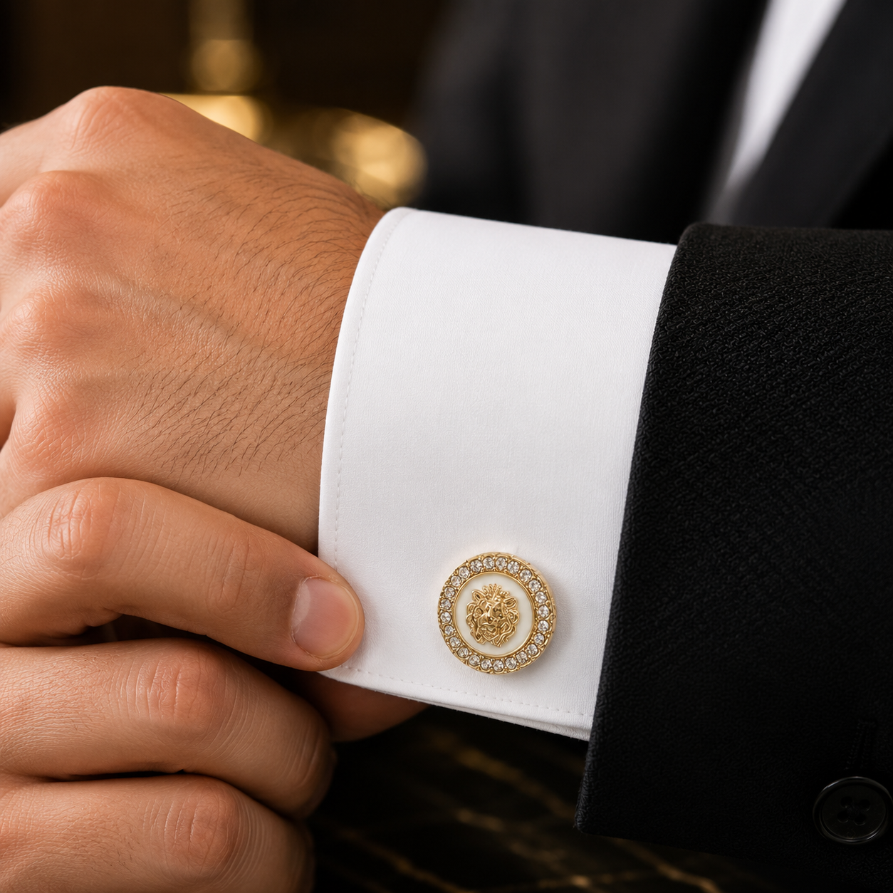 Gold Lion Head Crystal Cufflinks