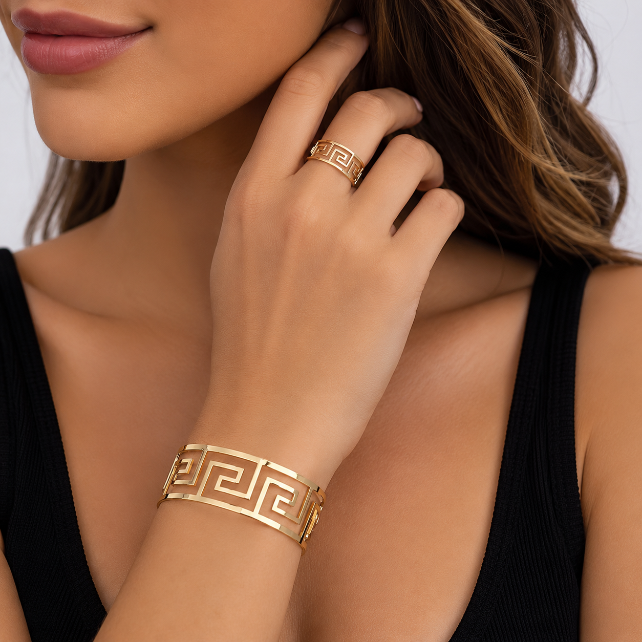 Elegant Gold-Tone Greek Key Bracelet & Ring Set