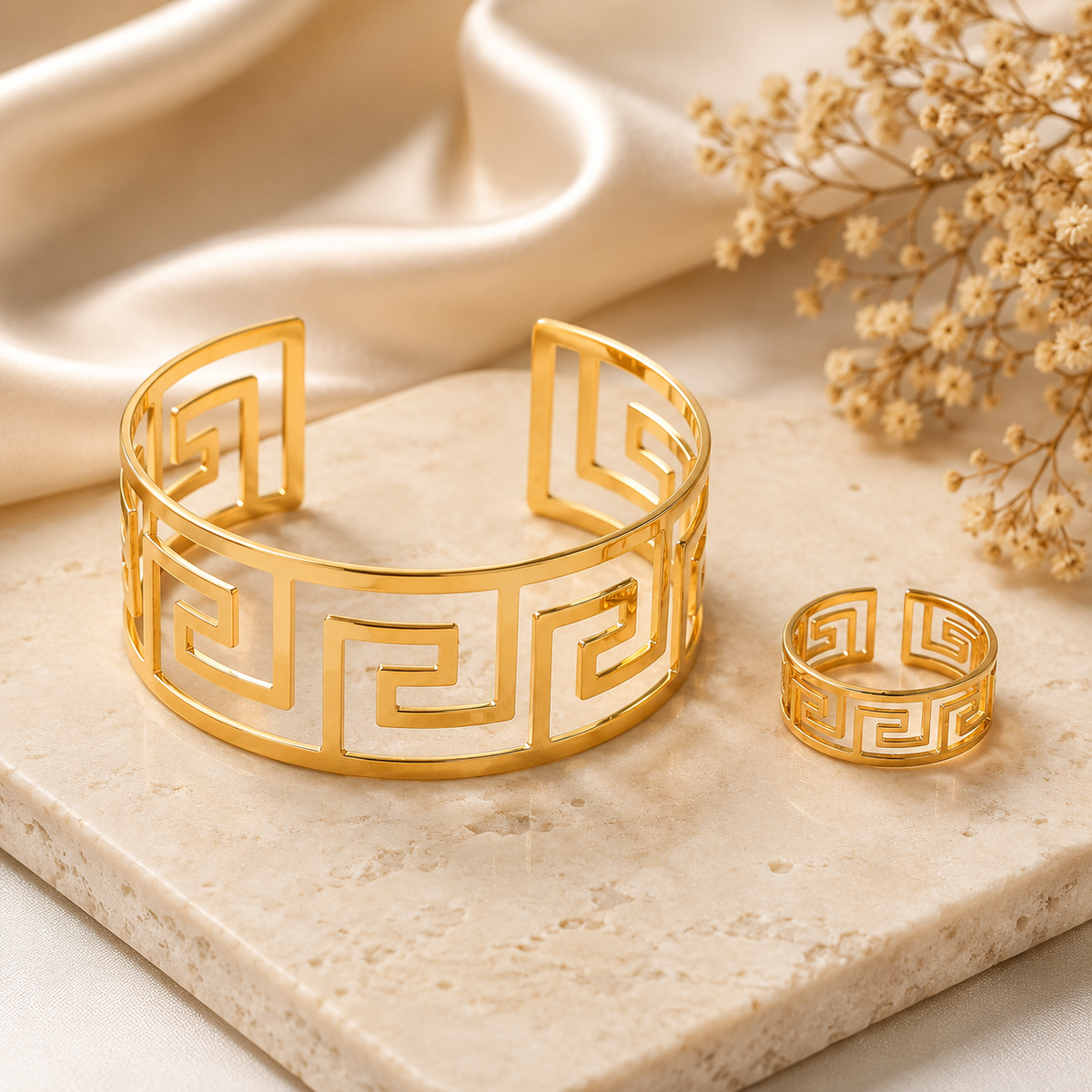 Elegant Gold-Tone Greek Key Bracelet & Ring Set