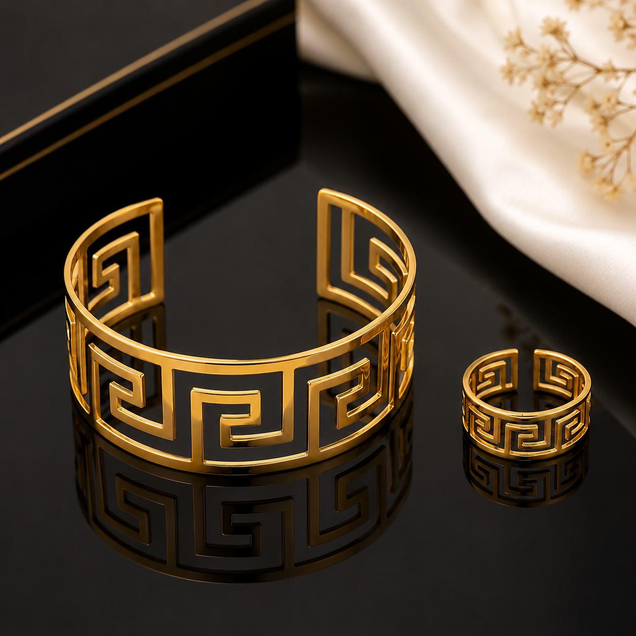 Elegant Gold-Tone Greek Key Bracelet & Ring Set