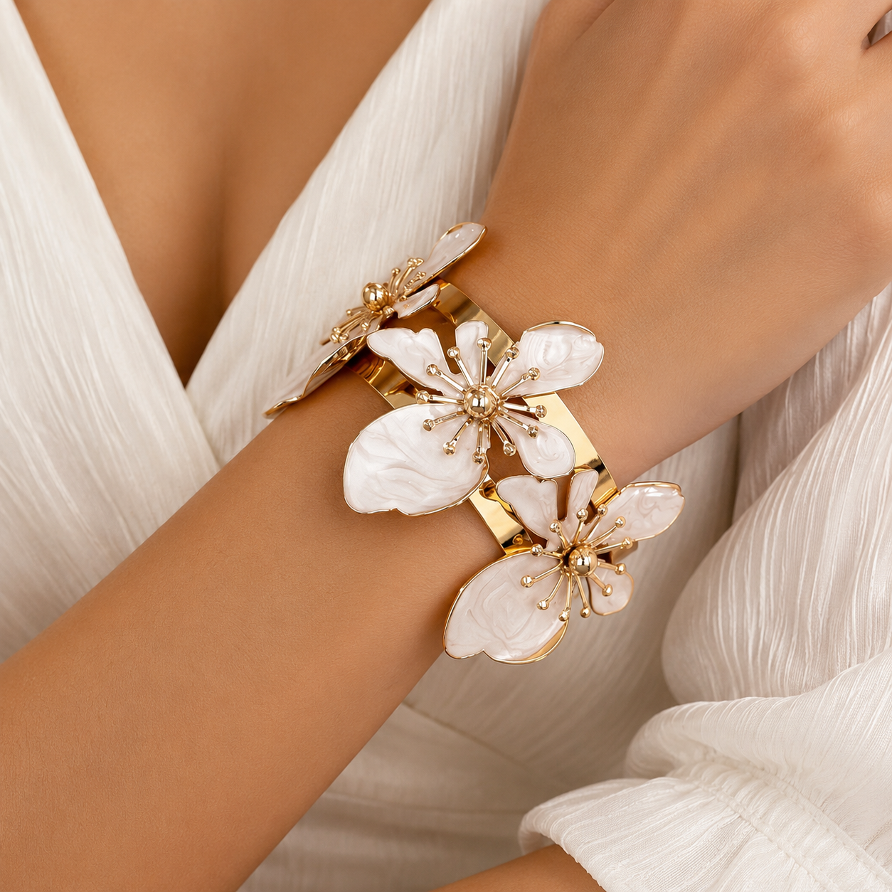 Elegant Gold-Tone White Floral Cuff Bracelet
