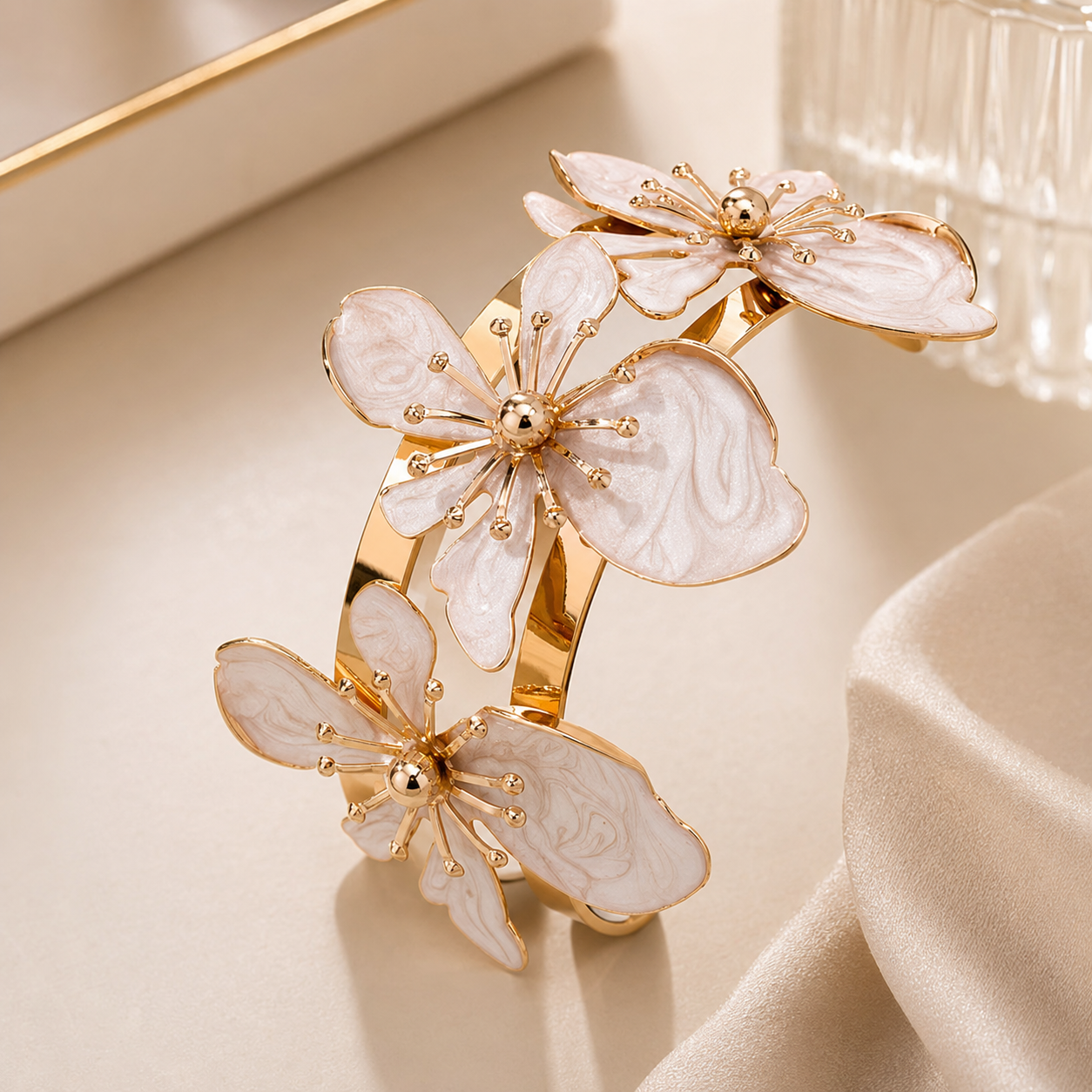 Elegant Gold-Tone White Floral Cuff Bracelet