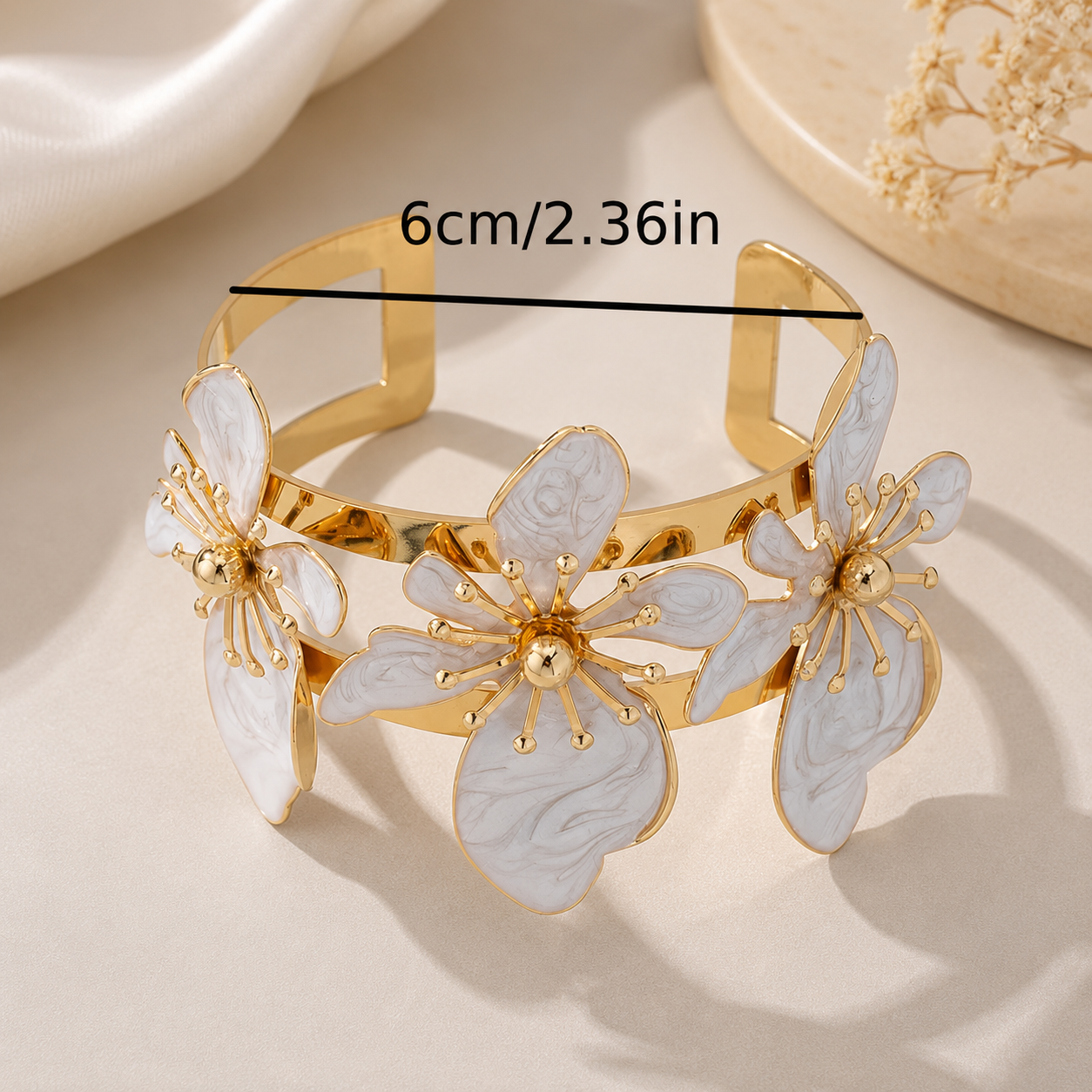 Elegant Gold-Tone White Floral Cuff Bracelet