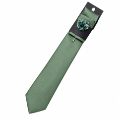 Men’s Sage Green Satin Tie Set with Lapel Flower & Tie Pin