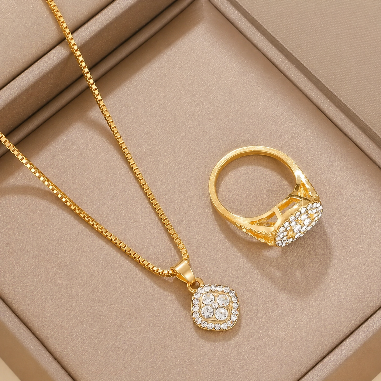 Gold Tone Square Pendant Necklace & Ring Jewelry Gift Set
