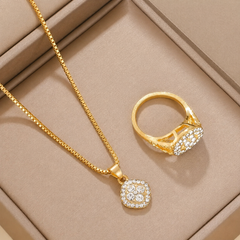 Gold Tone Square Pendant Necklace & Ring Jewelry Gift Set