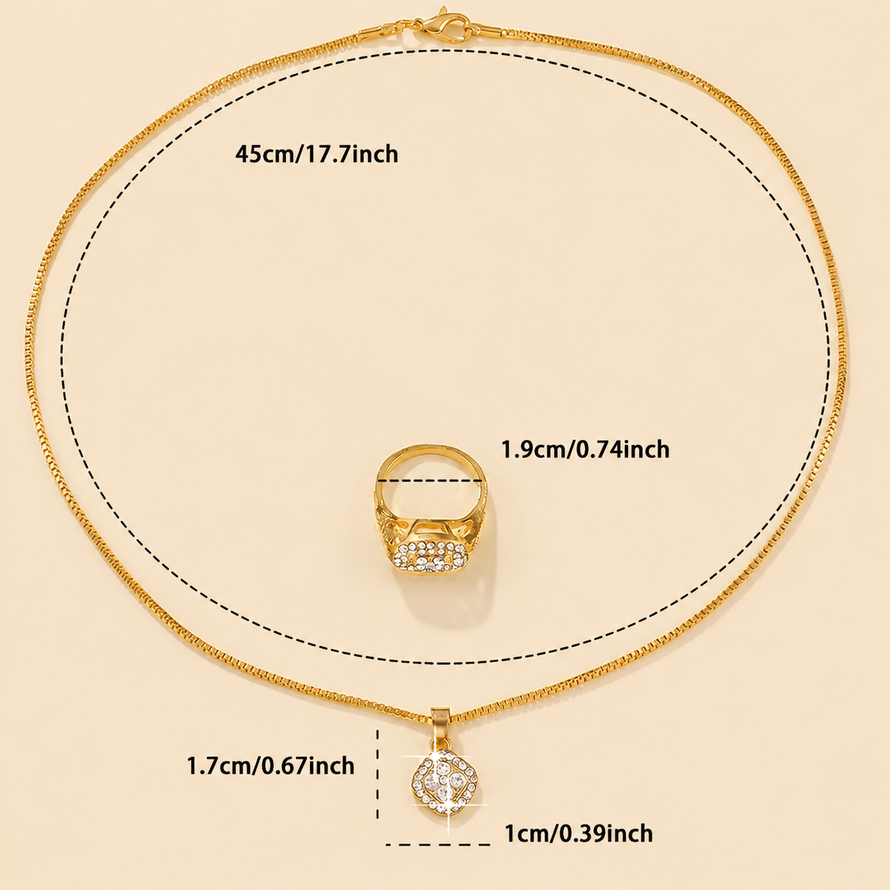 Gold Tone Square Pendant Necklace & Ring Jewelry Gift Set