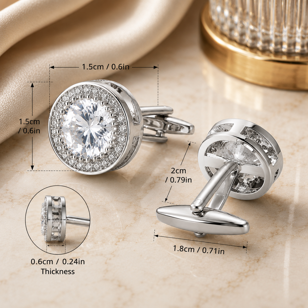Luxury Silver Toned Crystal Cufflinks