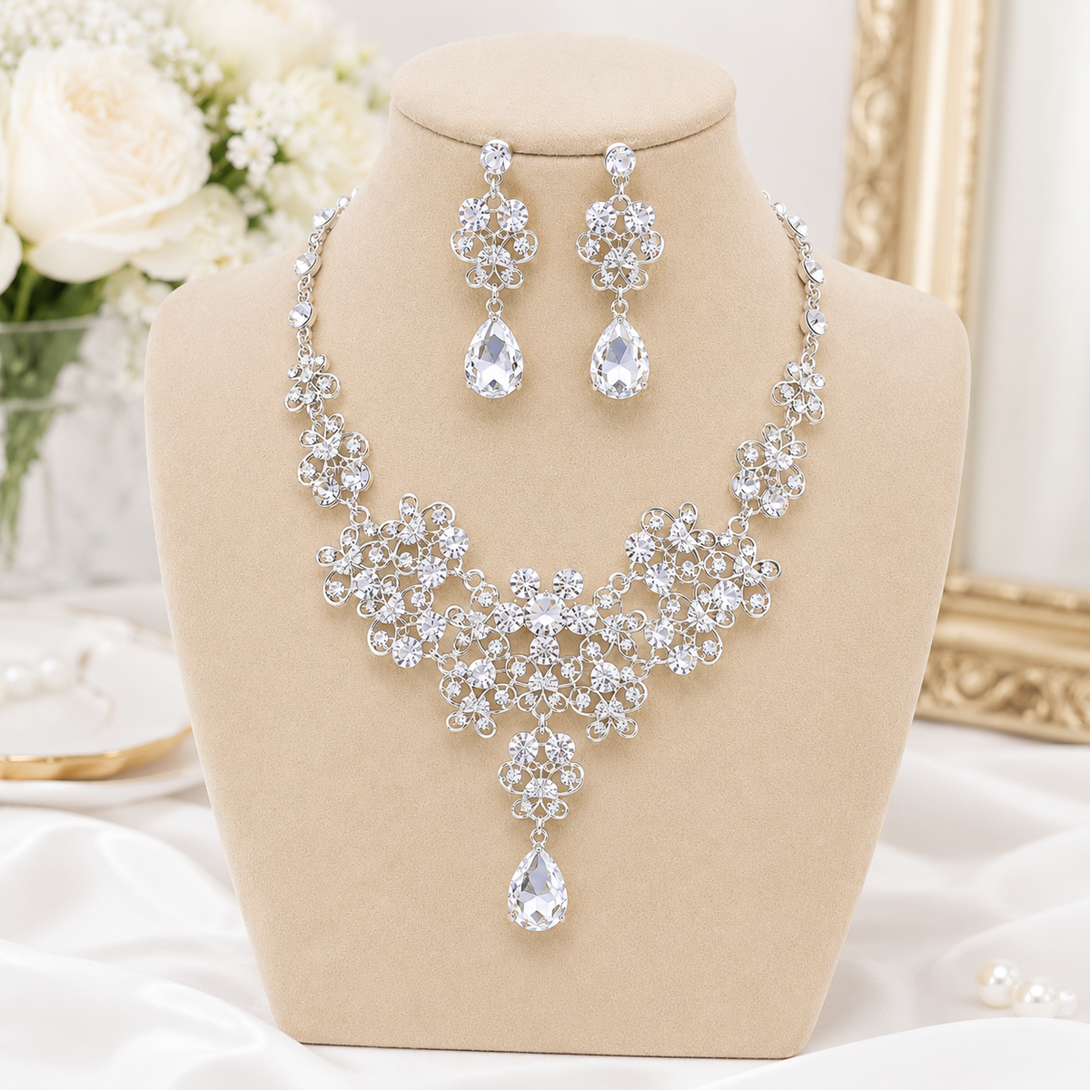 Luxury Crystal Bridal Jewelry Set with Tiara, Necklace & Earrings