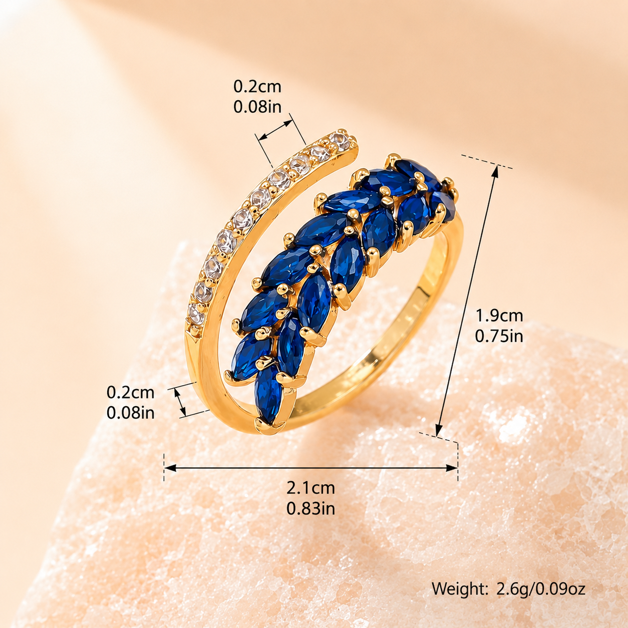 18K Gold Plated Blue Crystal Leaf Ring for Women
