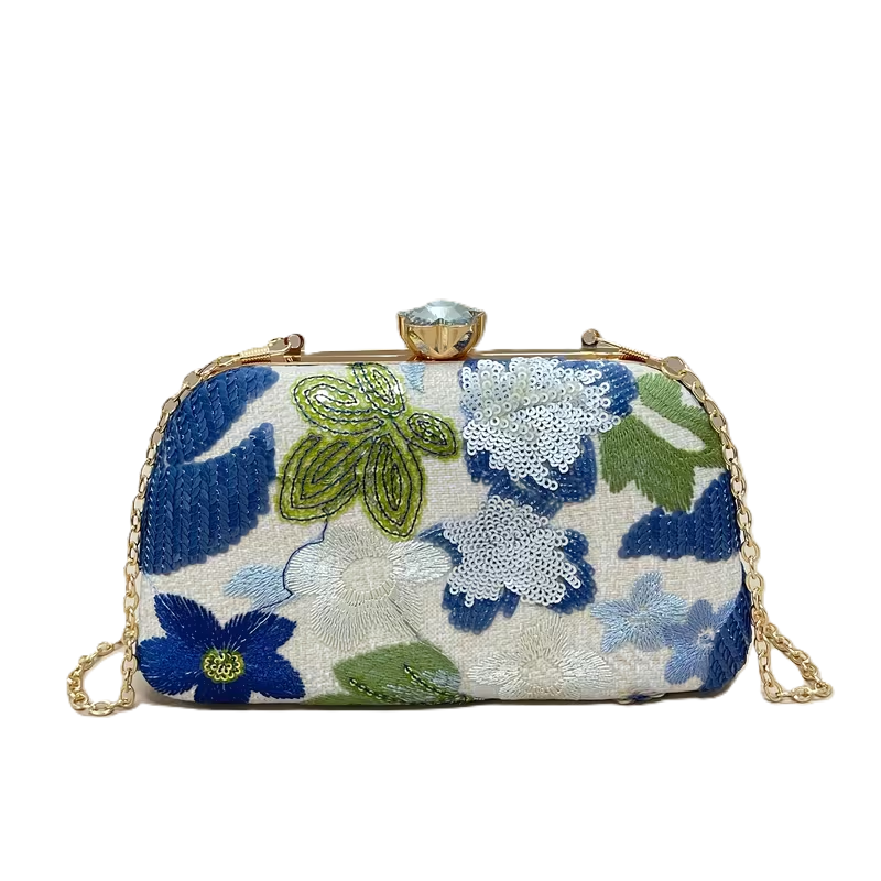 Blue Floral Embroidered Evening Clutch