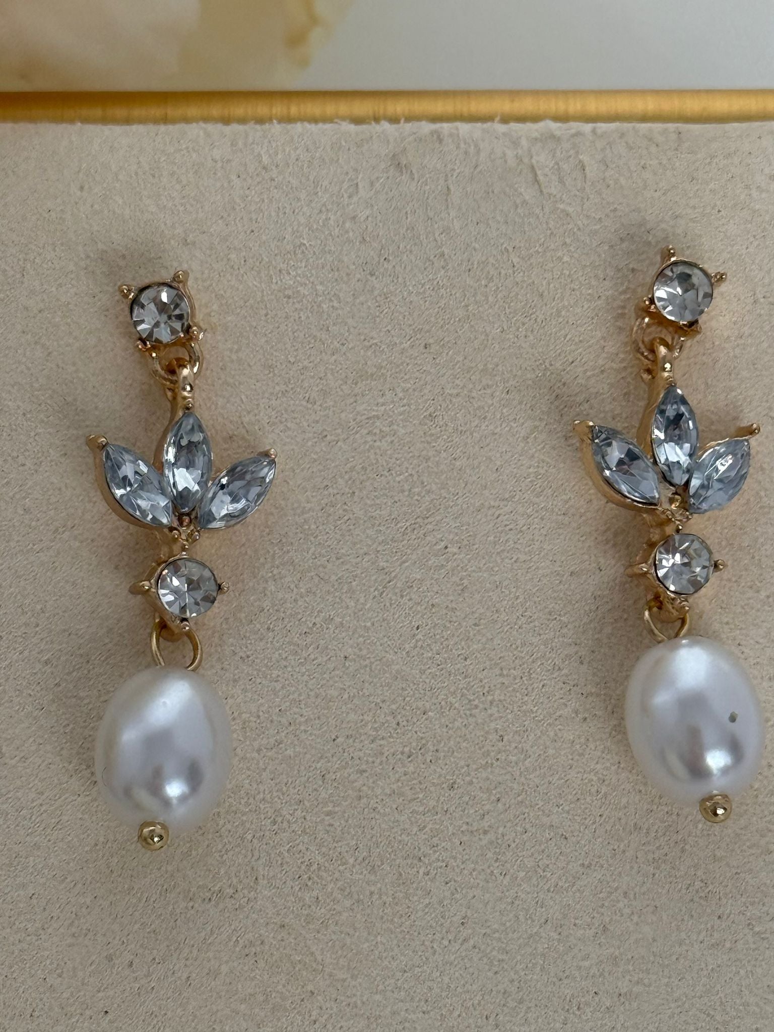 Pearl Drop Earrings with Crystal Accents – Gold Tone