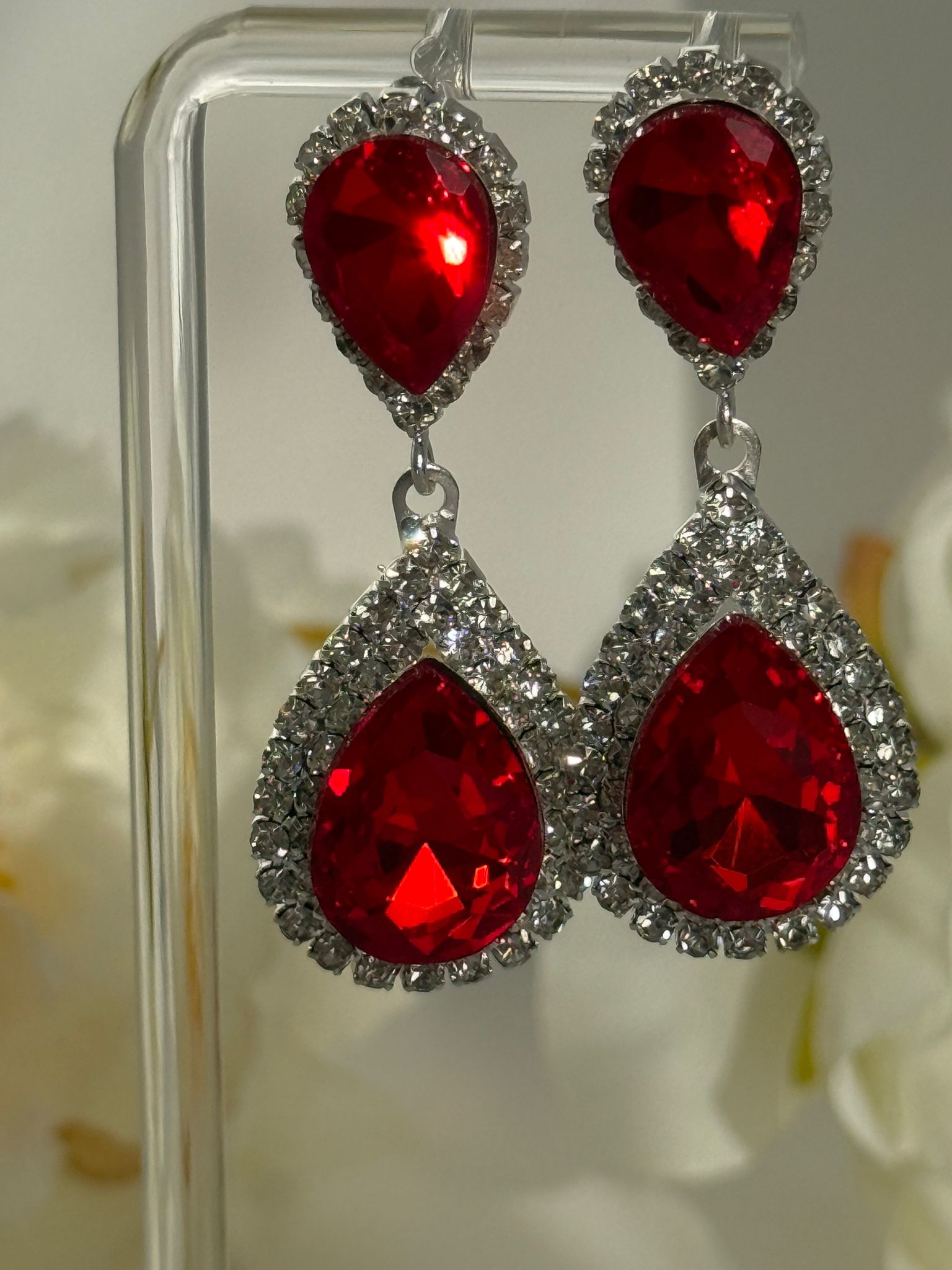 Red Teardrop Crystal Drop Earrings