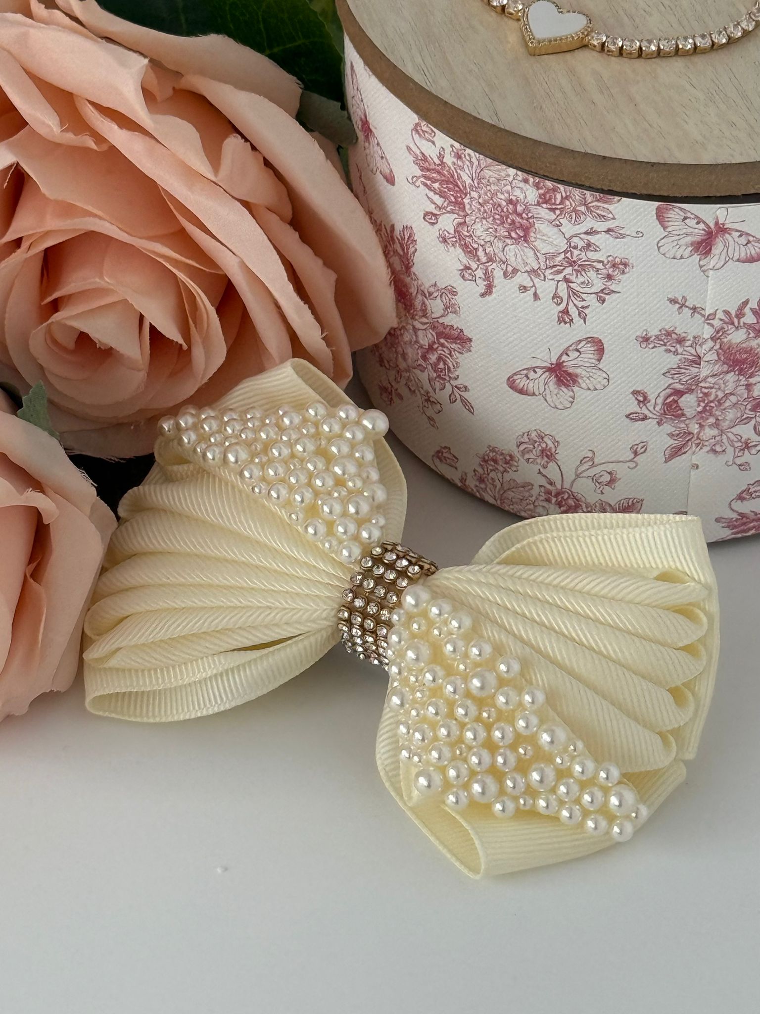 Pearl-Embellished Ivory Bow Hair Clip