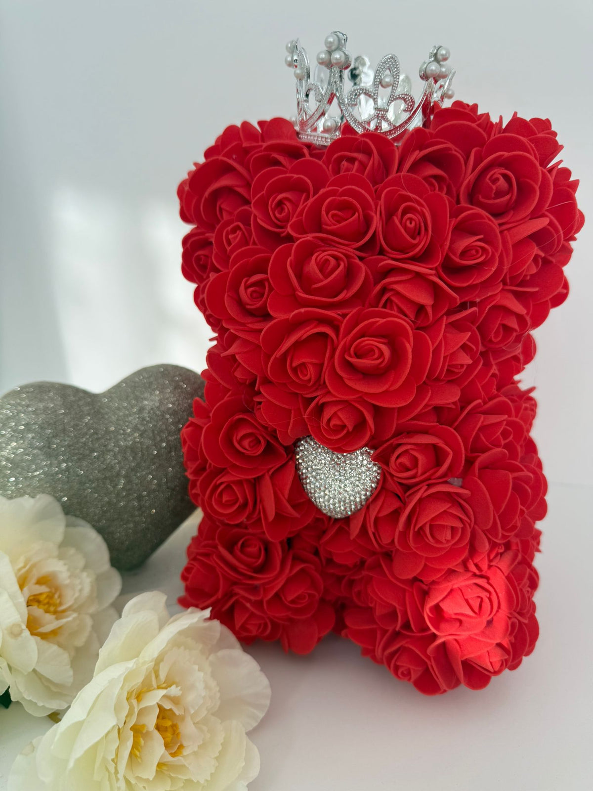 Red Rose Teddy Bear with Crown & Crystal Heart