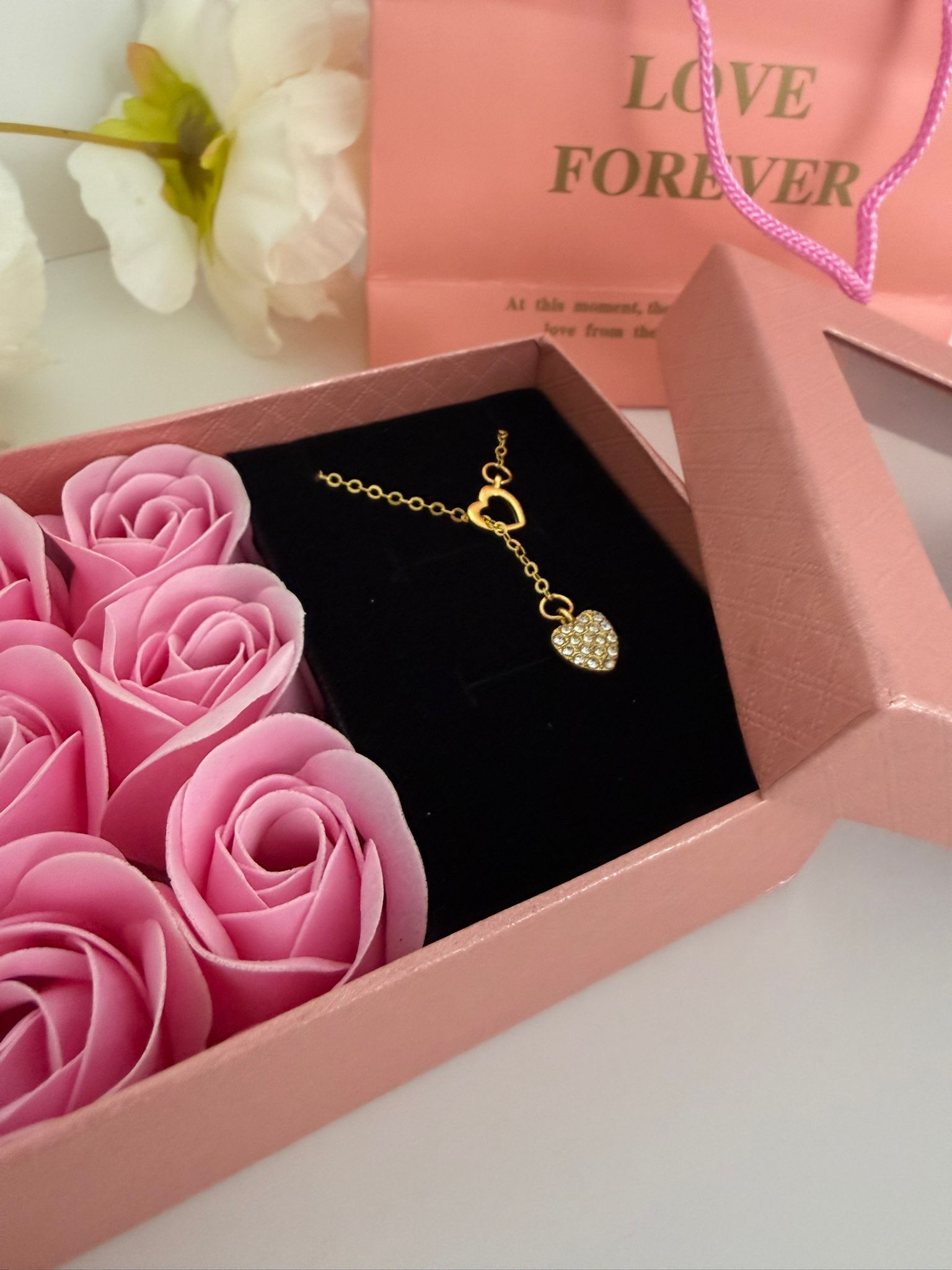 Luxury Rose Gift Box with Heart Necklace