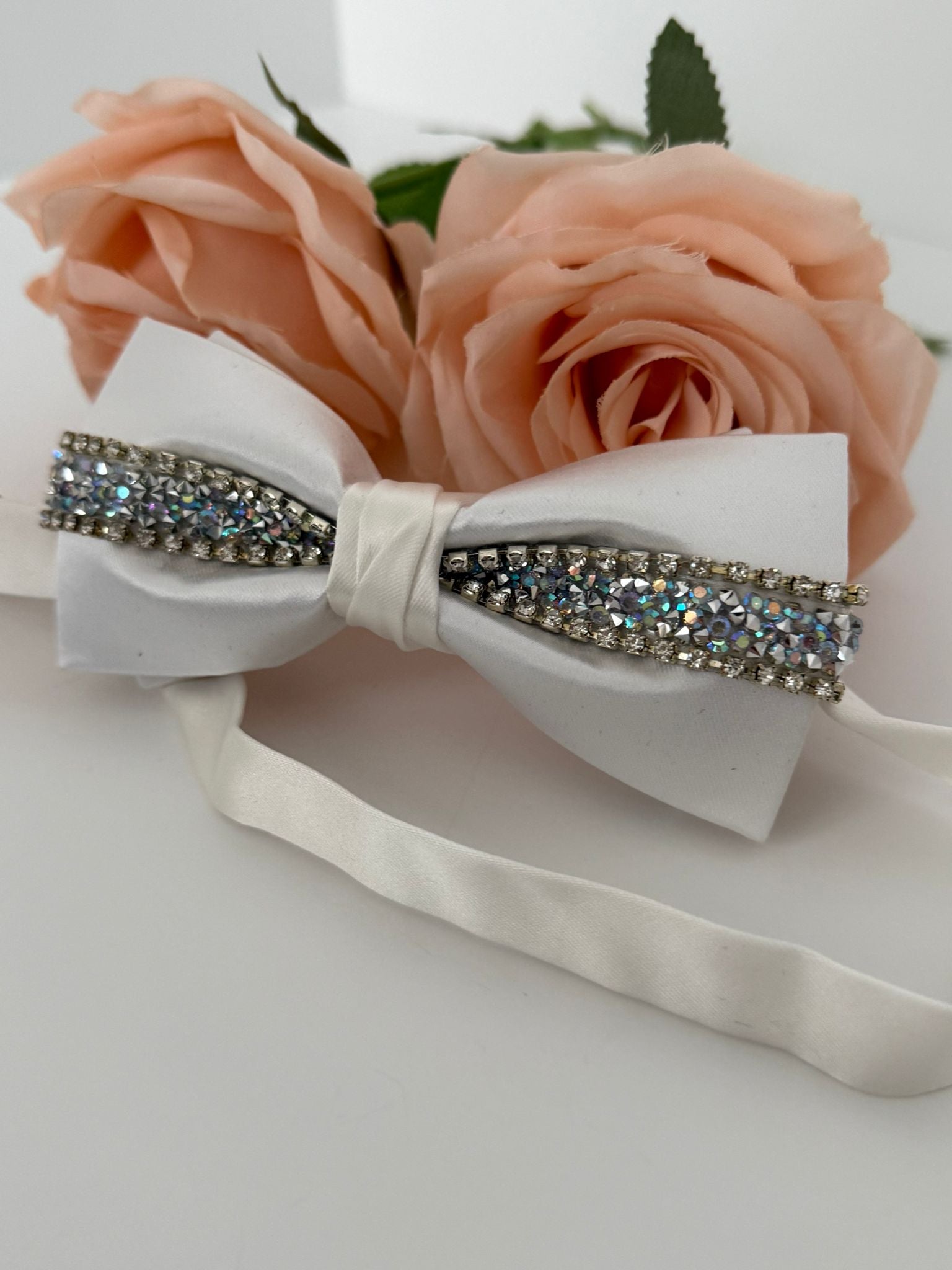 Luxury White Satin Rhinestone Bow Tie