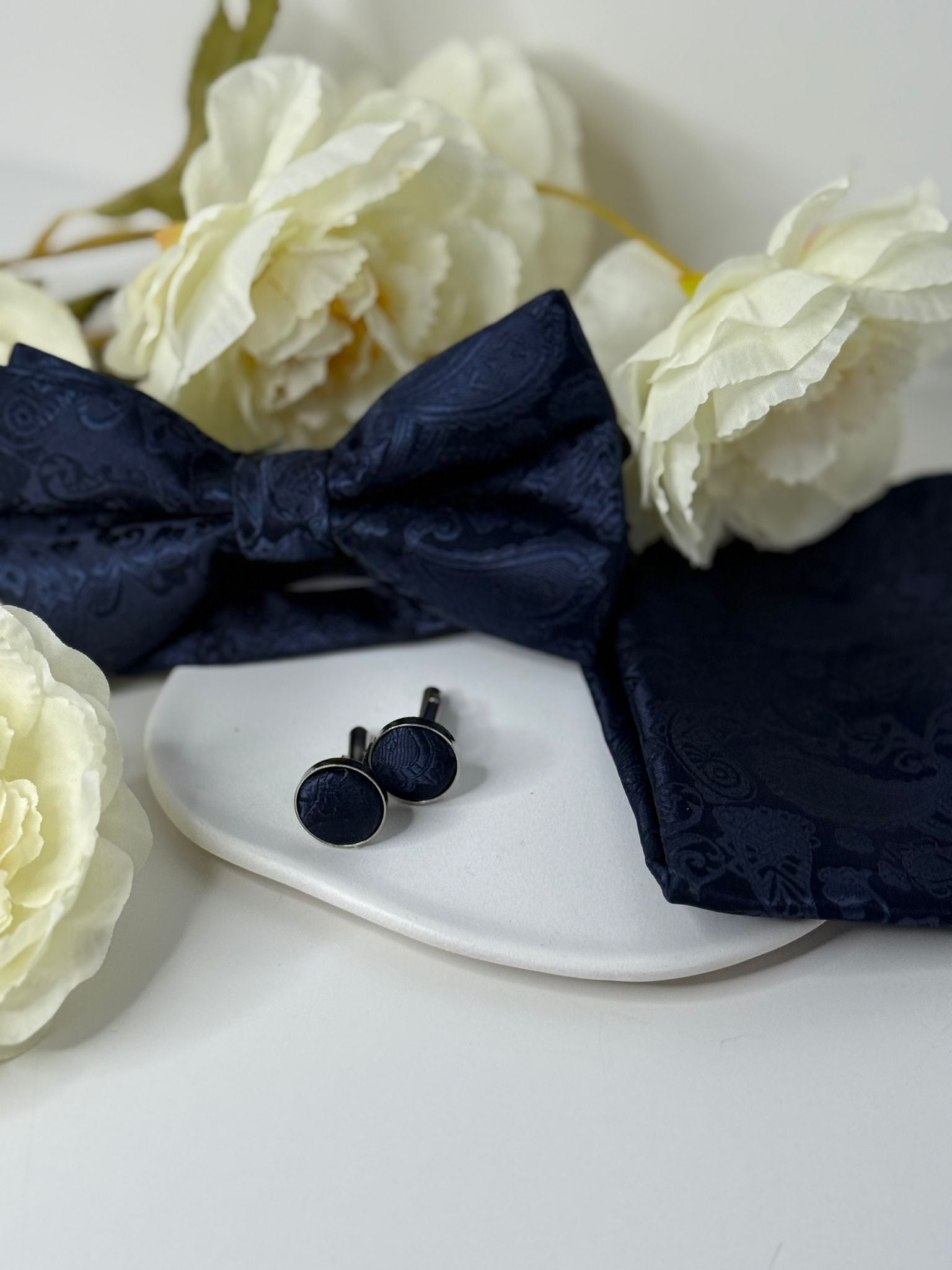Navy Paisley Bow Tie & Cufflink Set