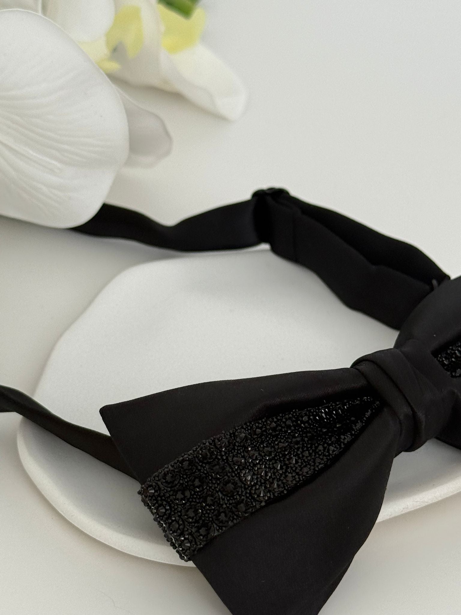 Luxury Black Satin Rhinestone Bow Tie