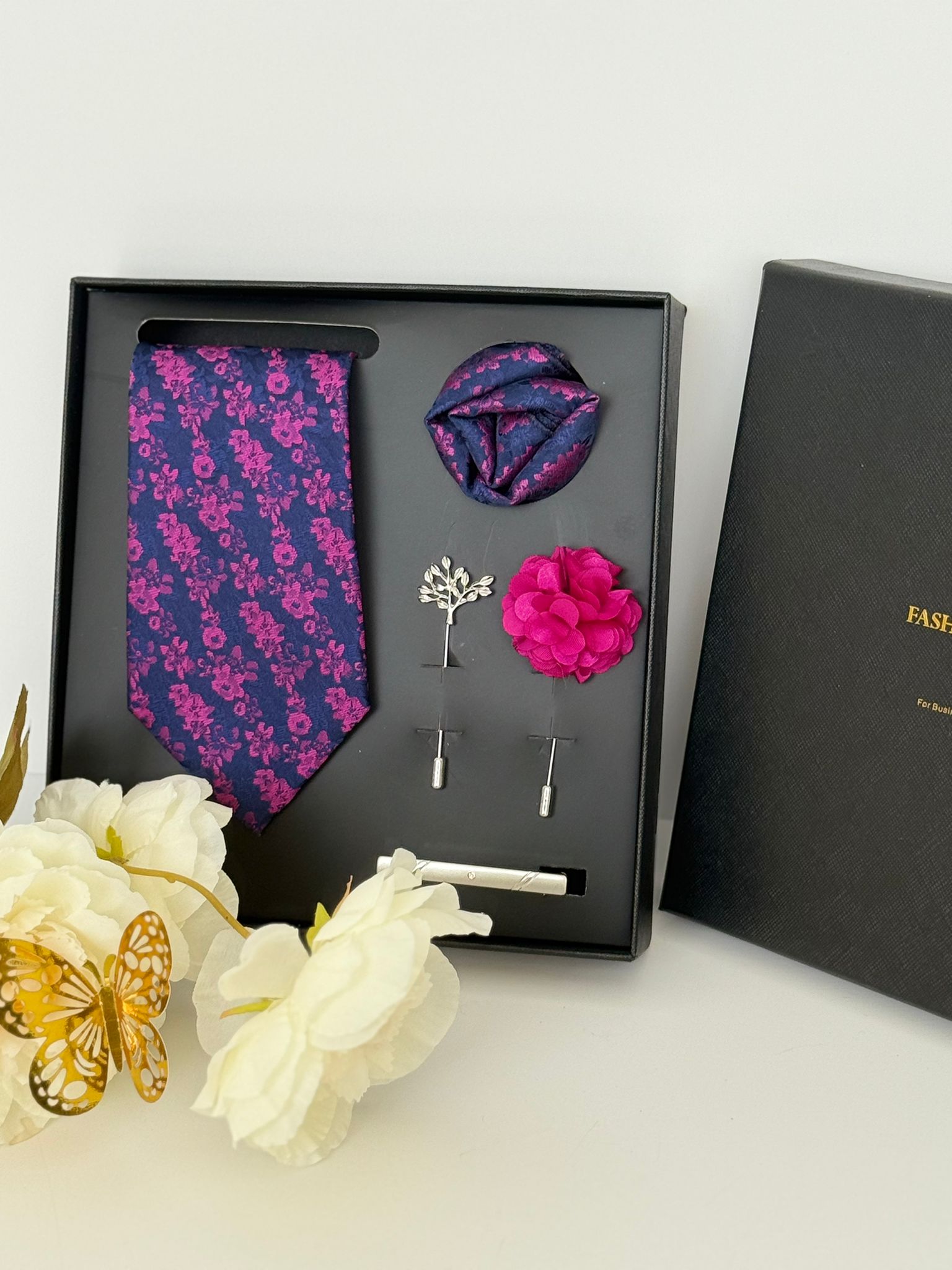 Navy Pink Floral Necktie with Accessories