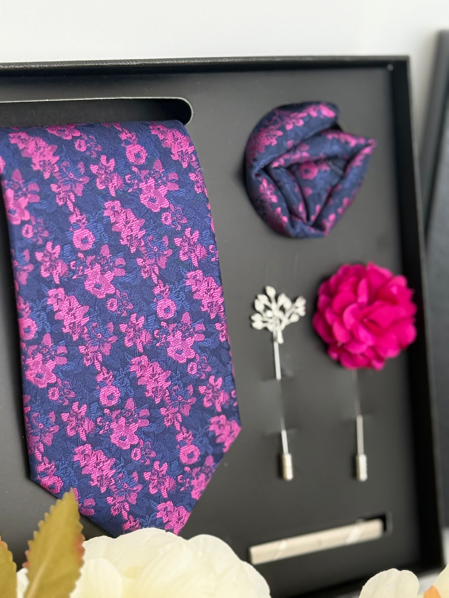 Navy Pink Floral Necktie with Accessories