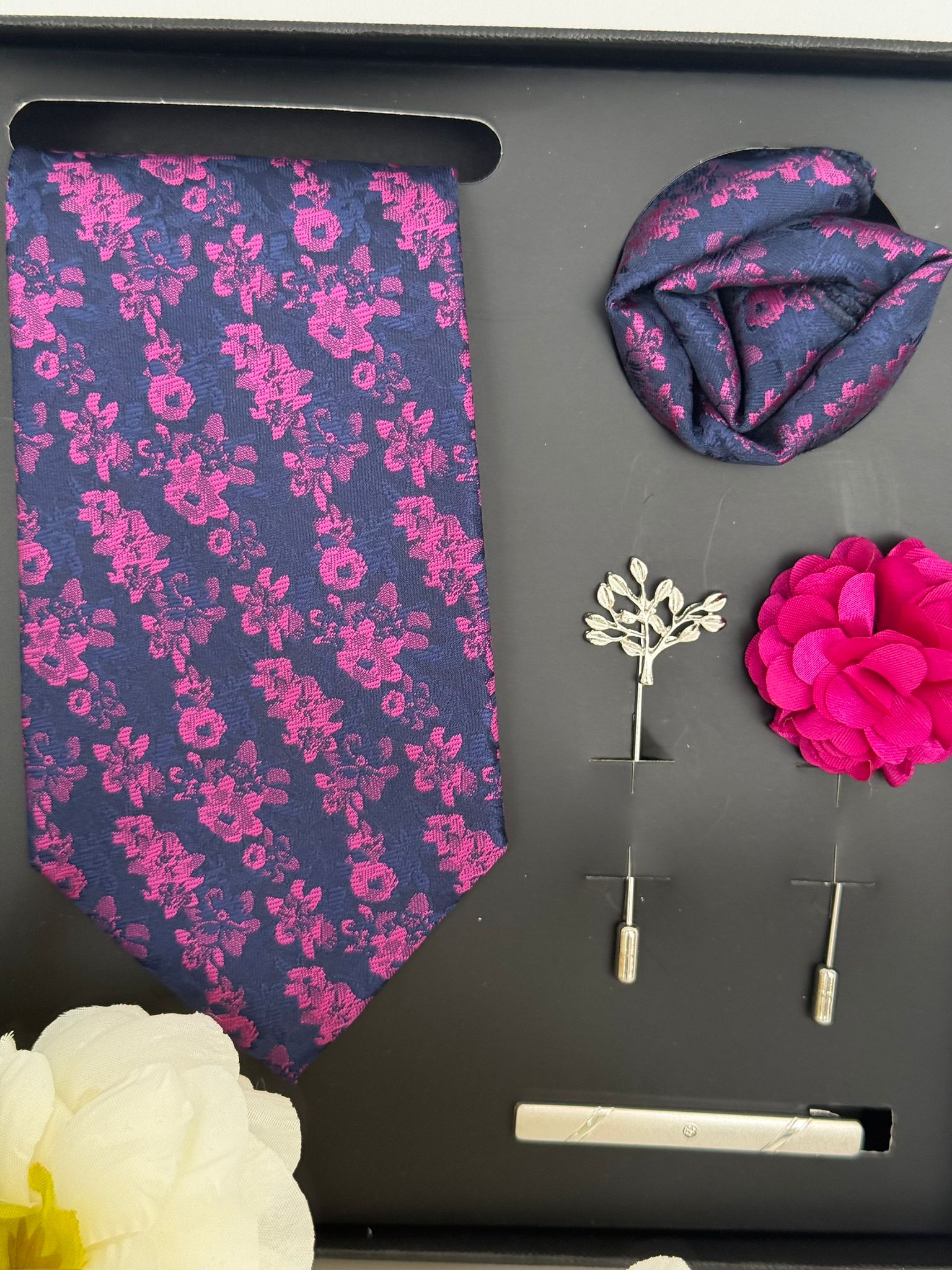 Navy Pink Floral Necktie with Accessories