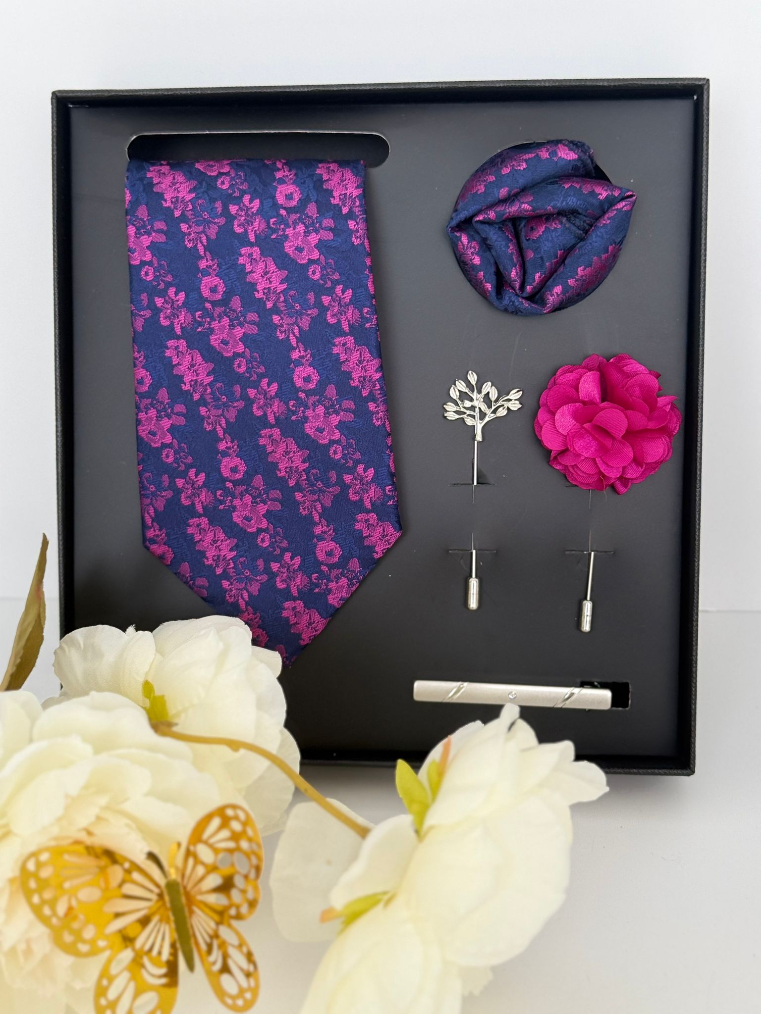 Navy Pink Floral Necktie with Accessories