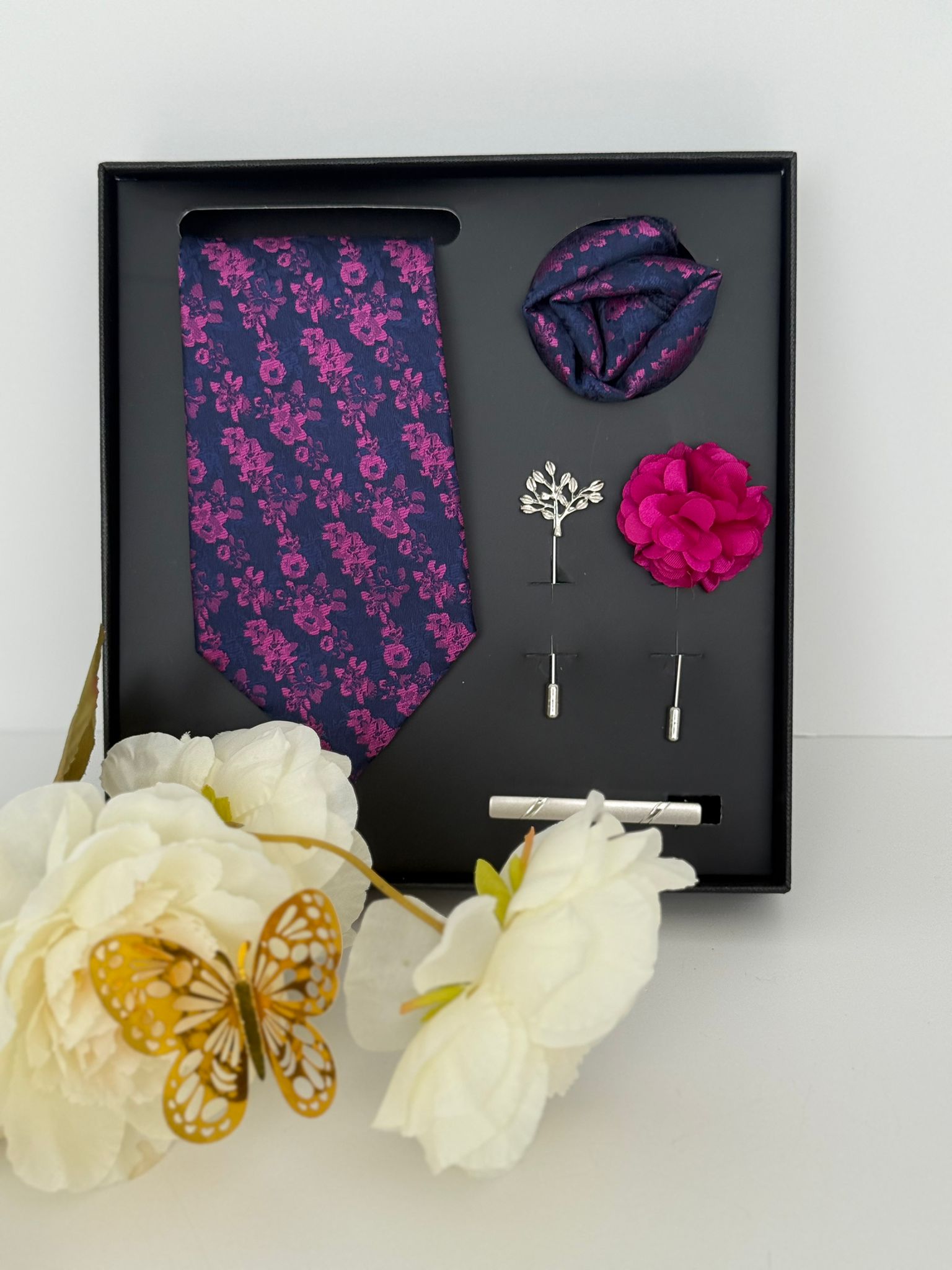 Navy Pink Floral Necktie with Accessories
