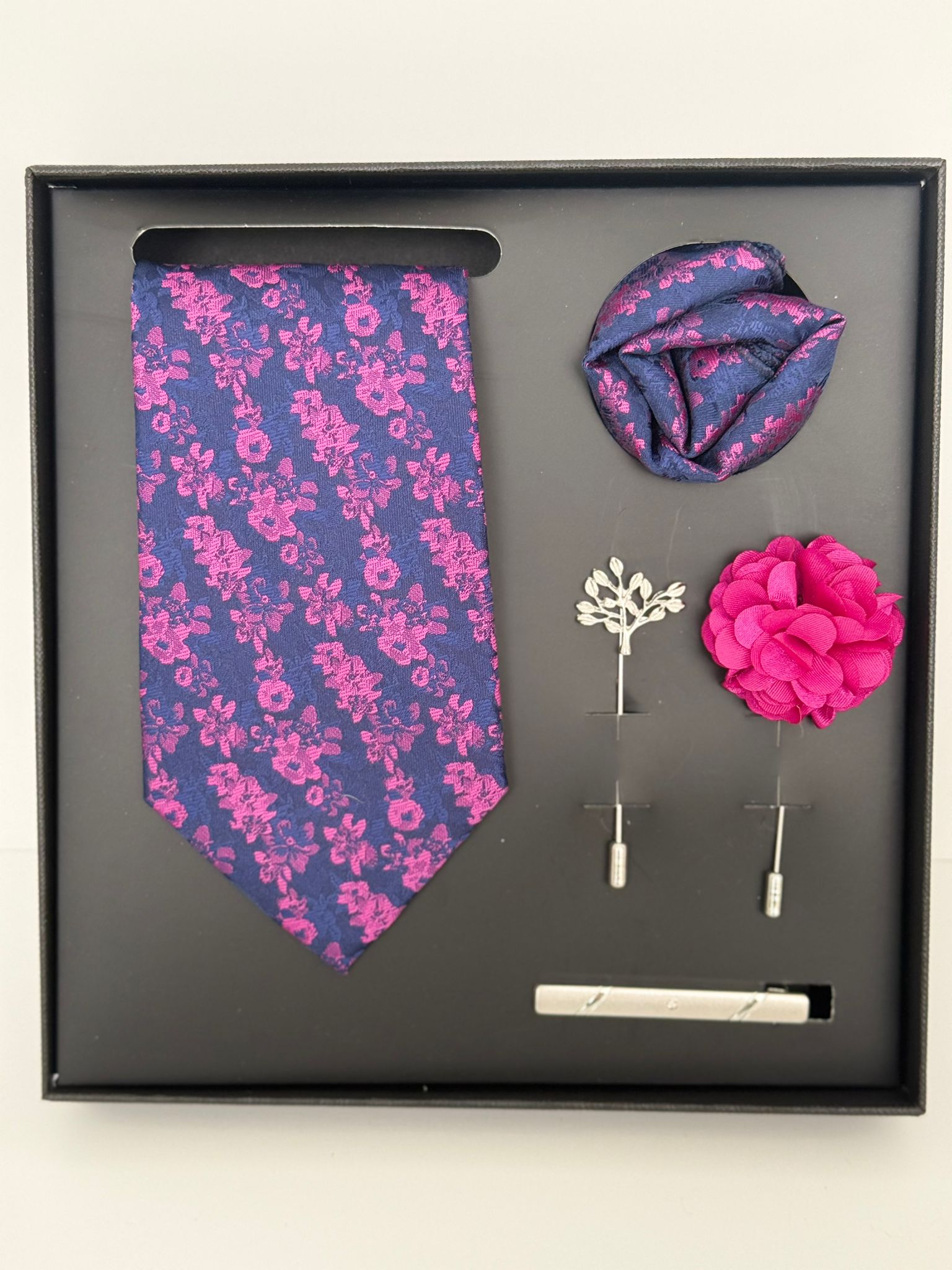 Navy Pink Floral Necktie with Accessories