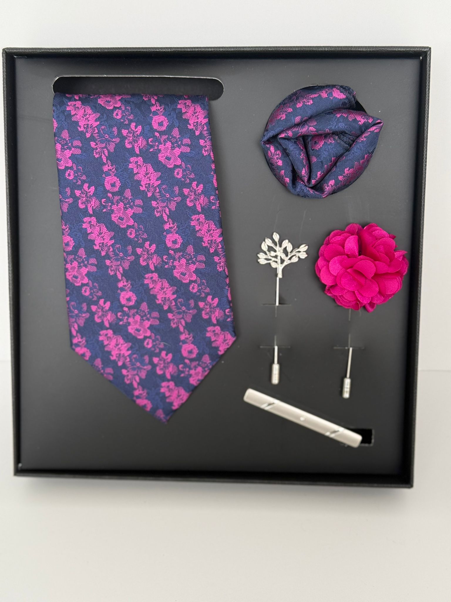 Navy Pink Floral Necktie with Accessories