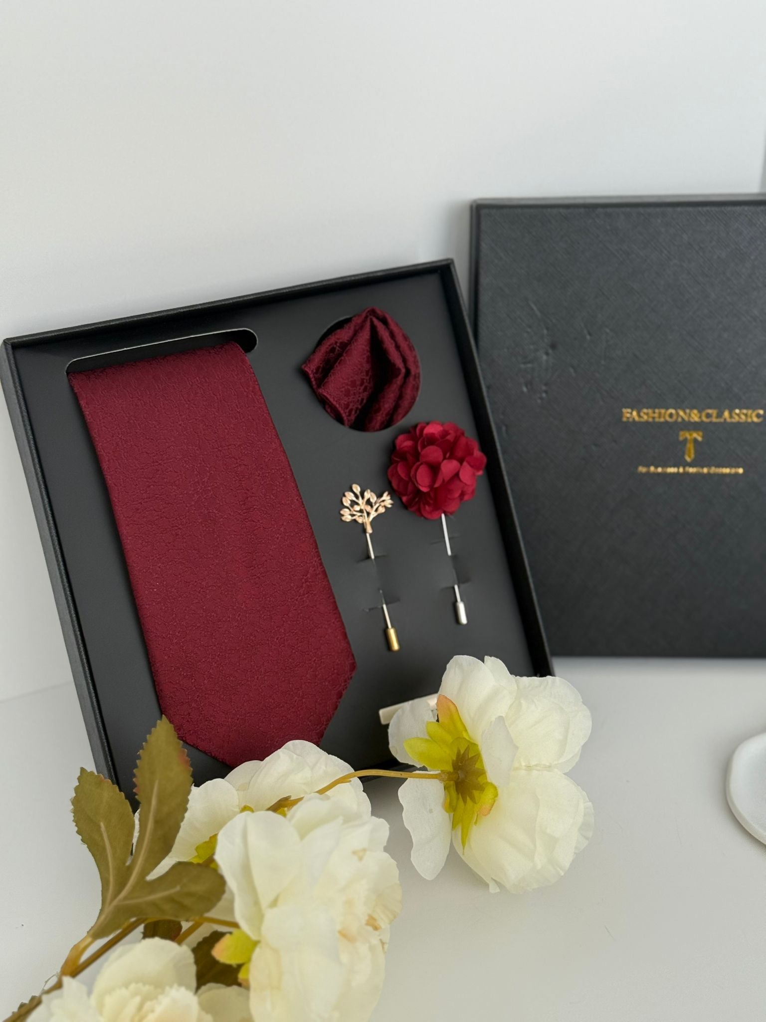 Burgundy Luxury Tie Gift Set – Necktie, Pocket Square, Lapel Pin & Tie Clip