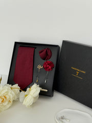 Burgundy Luxury Tie Gift Set – Necktie, Pocket Square, Lapel Pin & Tie Clip
